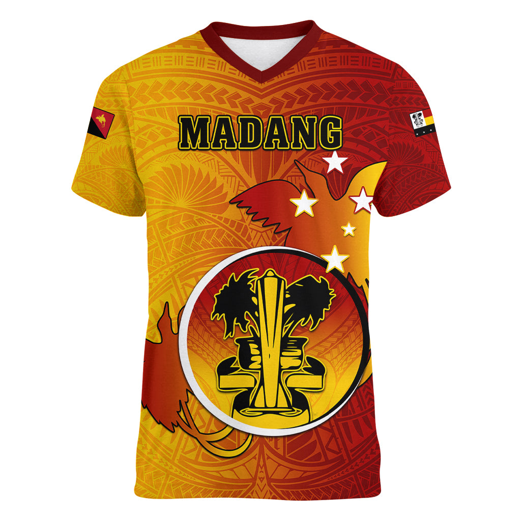 Papua New Guinea Madang Province Women V Neck T Shirt Mix Coat Of Arms Polynesian Pattern LT05 Female Yellow - Polynesian Pride