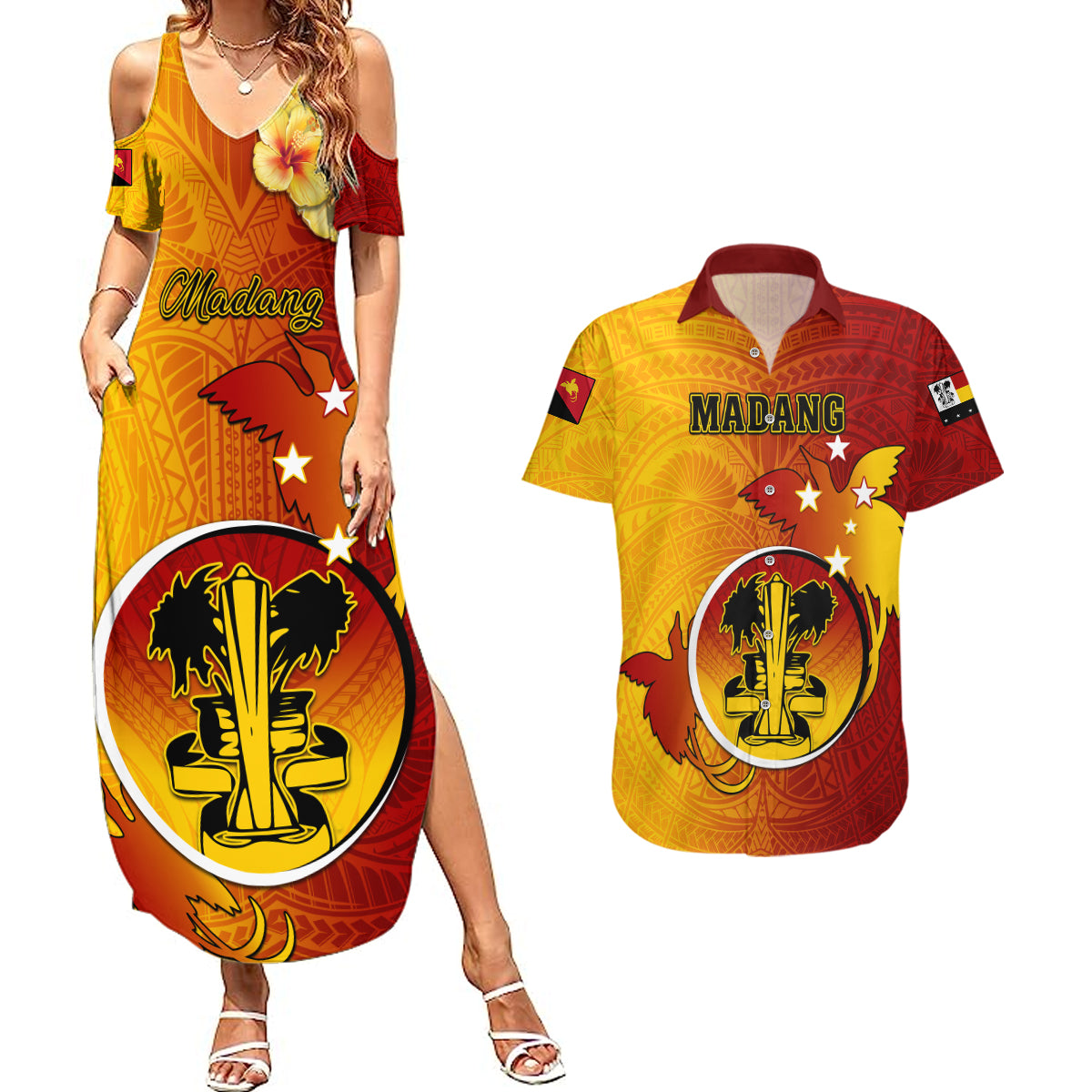 Personalized Papua New Guinea Madang Province Couples Matching Summer Maxi Dress and Hawaiian Shirt Mix Coat Of Arms Polynesian Pattern LT05 Yellow - Polynesian Pride