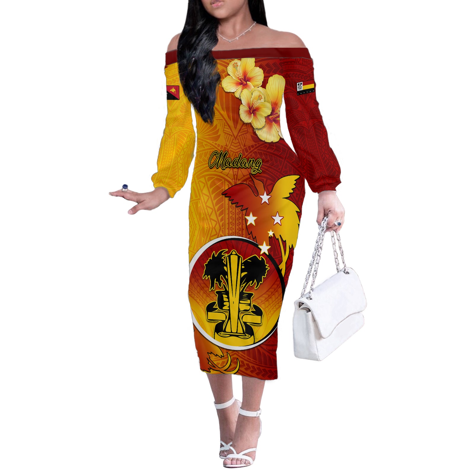 Personalized Papua New Guinea Madang Province Off The Shoulder Long Sleeve Dress Mix Coat Of Arms Polynesian Pattern LT05 Women Yellow - Polynesian Pride