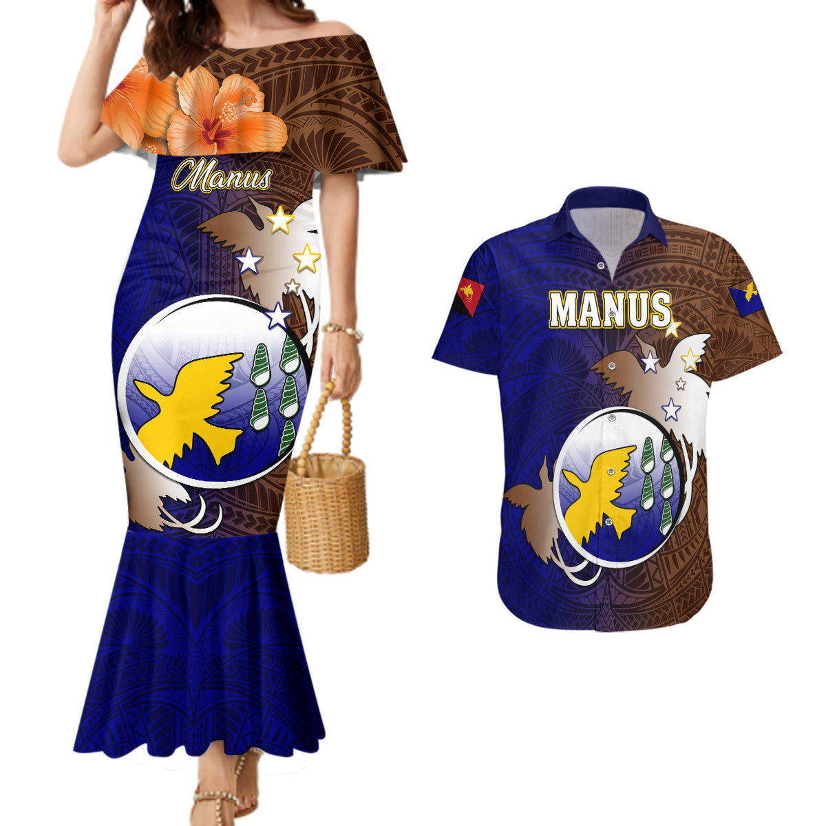 Papua New Guinea Manus Province Couples Matching Mermaid Dress and Hawaiian Shirt Mix Coat Of Arms Polynesian Pattern LT05 Brown - Polynesian Pride