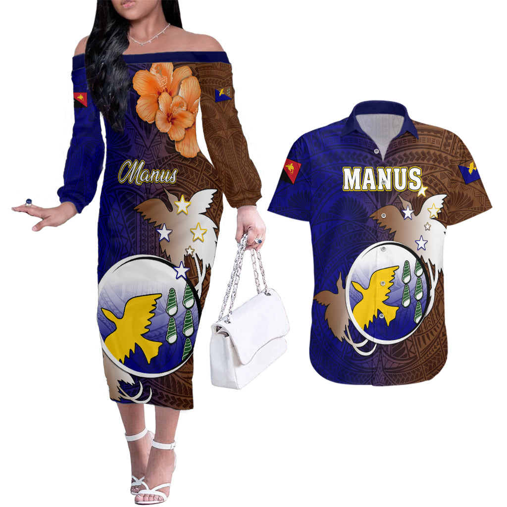 Personalized Papua New Guinea Manus Province Couples Matching Off The Shoulder Long Sleeve Dress and Hawaiian Shirt Mix Coat Of Arms Polynesian Pattern LT05 Brown - Polynesian Pride