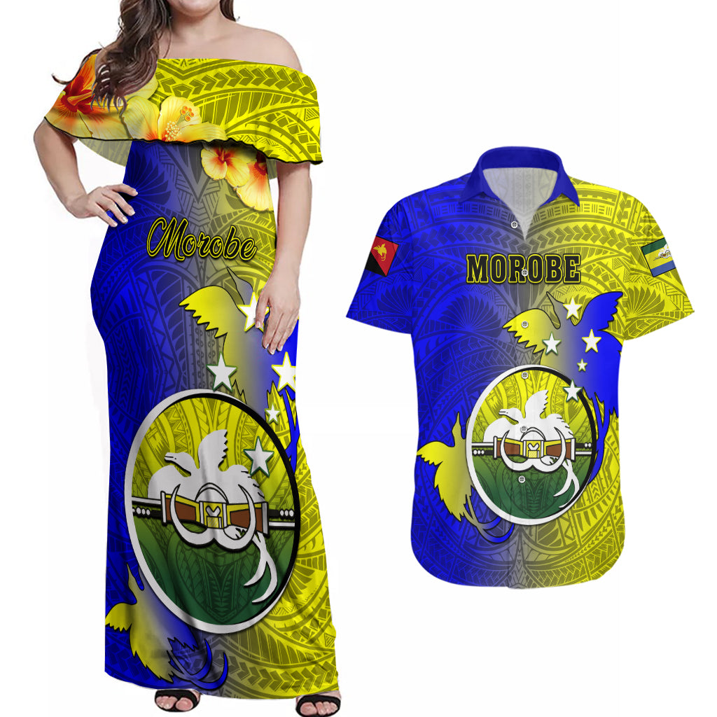 Papua New Guinea Morobe Province Couples Matching Off Shoulder Maxi Dress and Hawaiian Shirt Mix Coat Of Arms Polynesian Pattern LT05 Yellow - Polynesian Pride