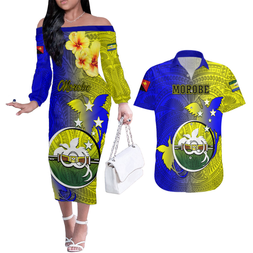 Papua New Guinea Morobe Province Couples Matching Off The Shoulder Long Sleeve Dress and Hawaiian Shirt Mix Coat Of Arms Polynesian Pattern LT05 Yellow - Polynesian Pride