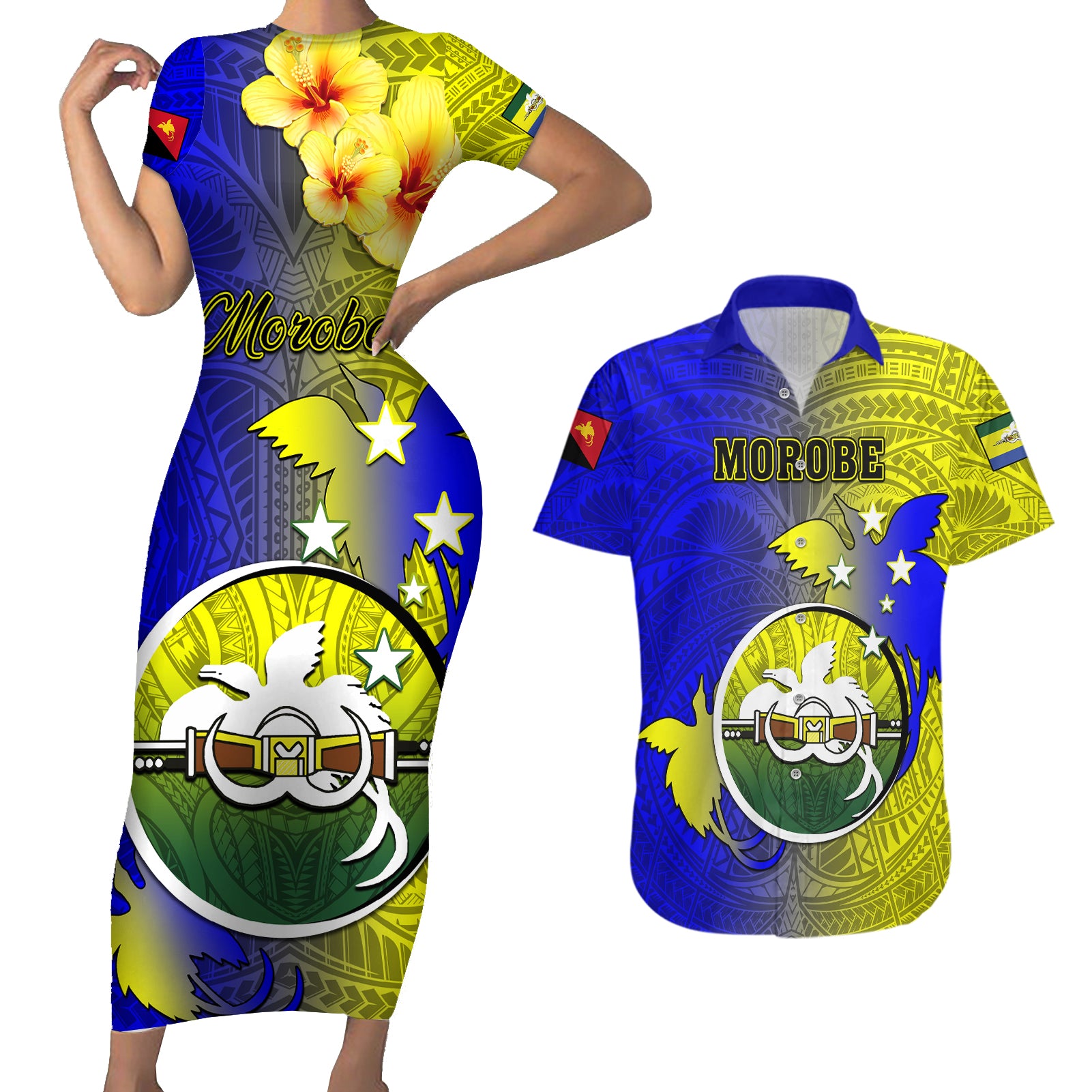 Papua New Guinea Morobe Province Couples Matching Short Sleeve Bodycon Dress and Hawaiian Shirt Mix Coat Of Arms Polynesian Pattern LT05 Yellow - Polynesian Pride