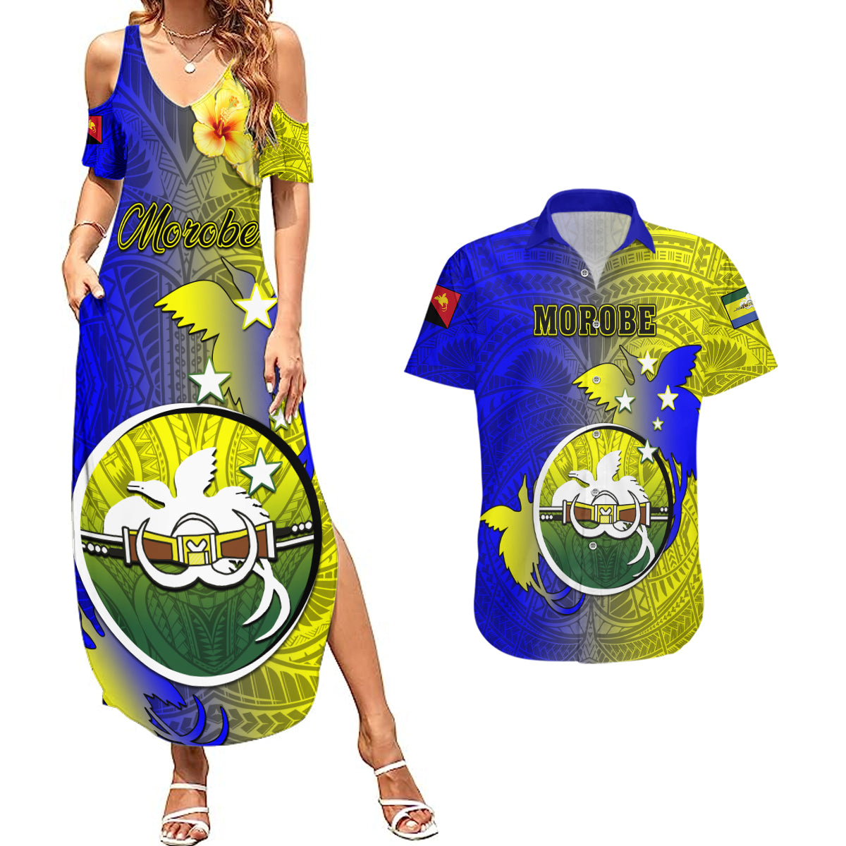 Papua New Guinea Morobe Province Couples Matching Summer Maxi Dress and Hawaiian Shirt Mix Coat Of Arms Polynesian Pattern LT05 Yellow - Polynesian Pride