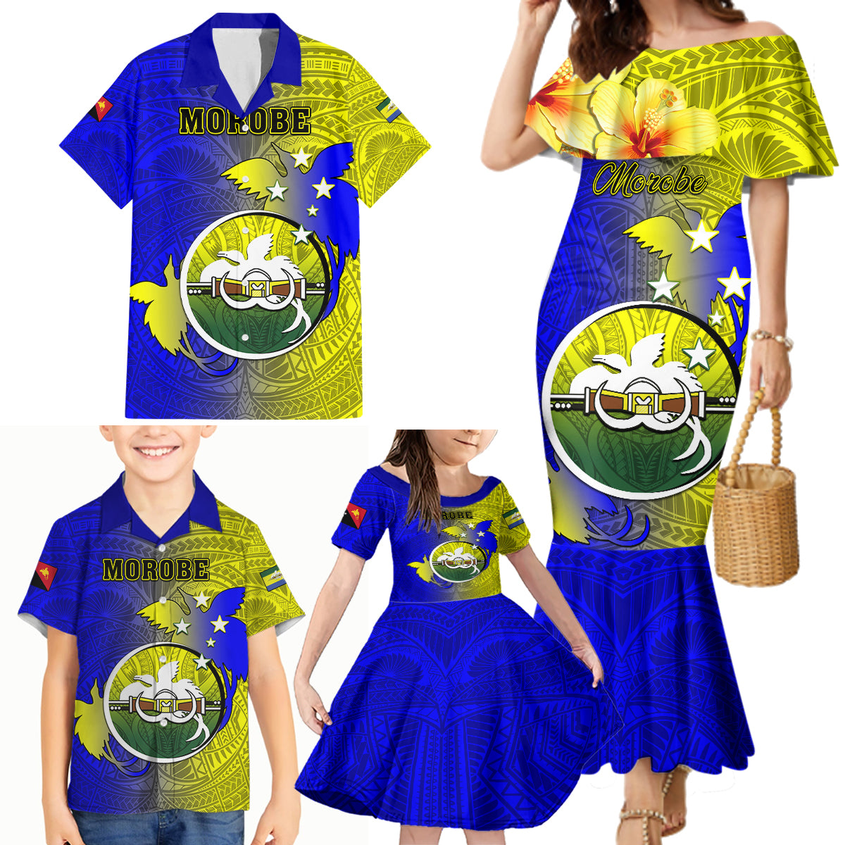 Papua New Guinea Morobe Province Family Matching Mermaid Dress and Hawaiian Shirt Mix Coat Of Arms Polynesian Pattern LT05 - Polynesian Pride