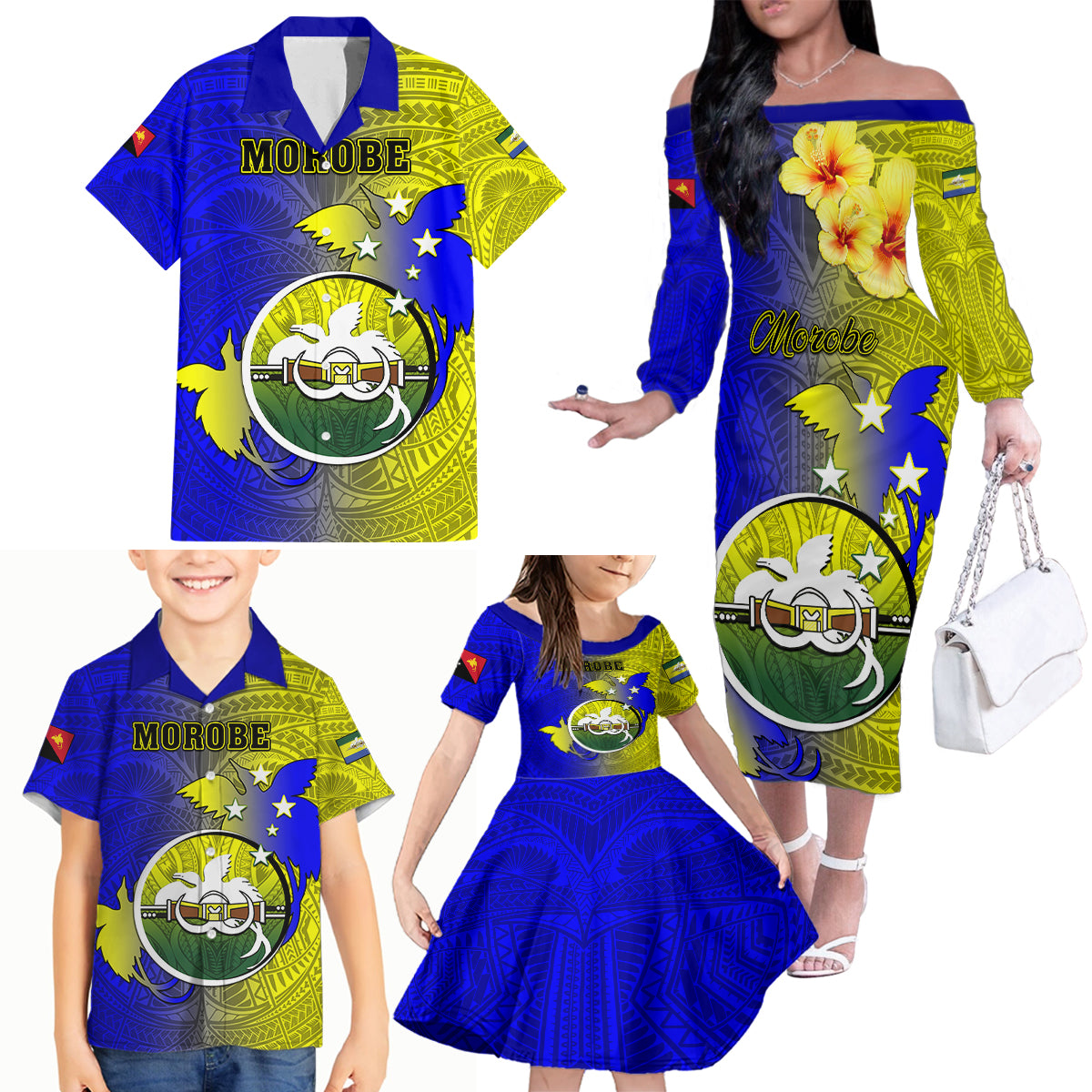 Papua New Guinea Morobe Province Family Matching Off Shoulder Long Sleeve Dress and Hawaiian Shirt Mix Coat Of Arms Polynesian Pattern LT05 - Polynesian Pride