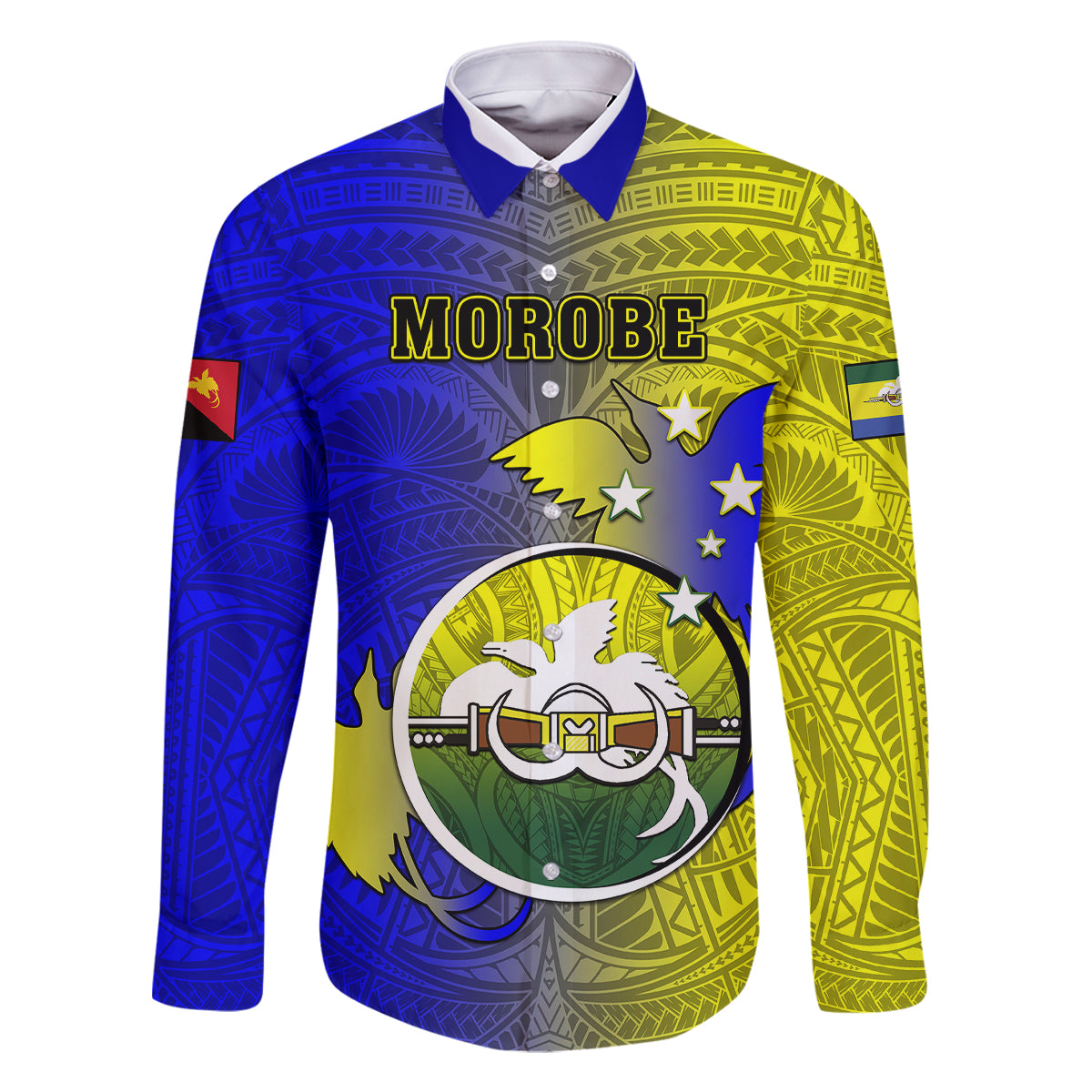 Papua New Guinea Morobe Province Family Matching Off Shoulder Short Dress and Hawaiian Shirt Mix Coat Of Arms Polynesian Pattern LT05 Dad's Shirt - Long Sleeve Yellow - Polynesian Pride