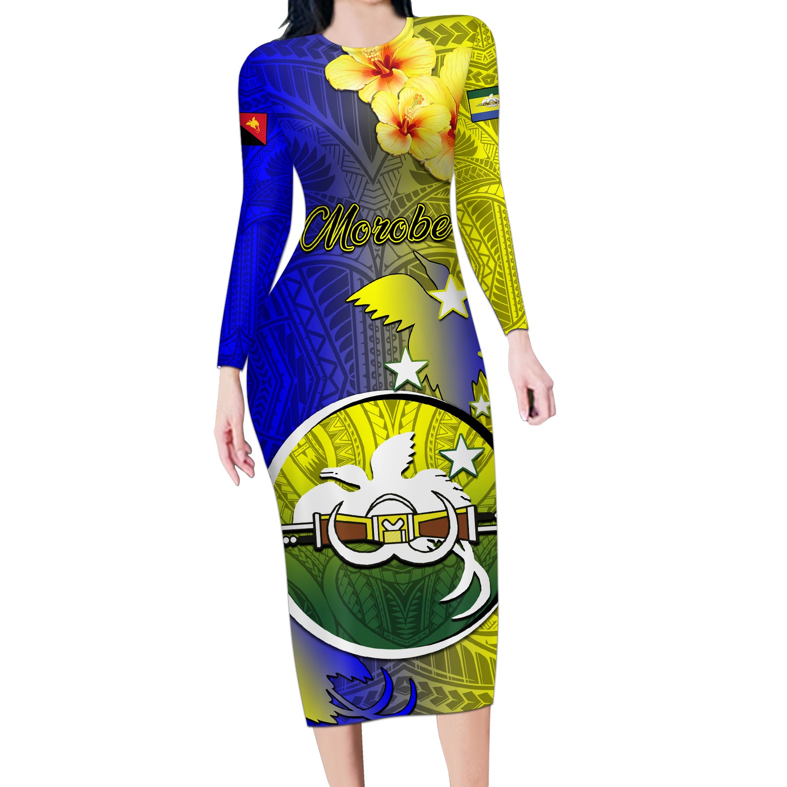 Papua New Guinea Morobe Province Long Sleeve Bodycon Dress Mix Coat Of Arms Polynesian Pattern LT05 Long Dress Yellow - Polynesian Pride