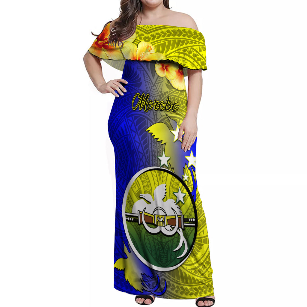 Papua New Guinea Morobe Province Off Shoulder Maxi Dress Mix Coat Of Arms Polynesian Pattern LT05 Women Yellow - Polynesian Pride