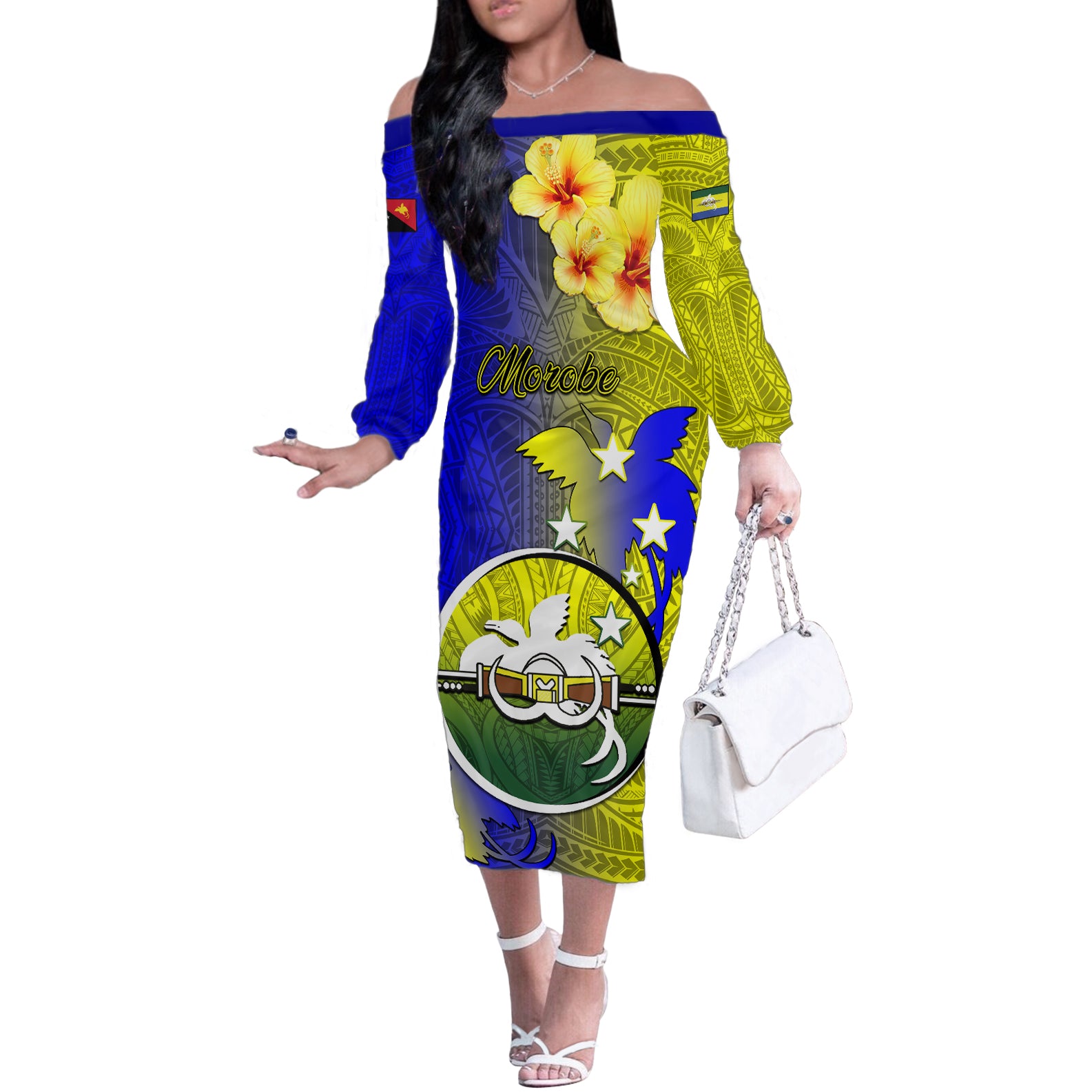 Papua New Guinea Morobe Province Off The Shoulder Long Sleeve Dress Mix Coat Of Arms Polynesian Pattern LT05 Women Yellow - Polynesian Pride