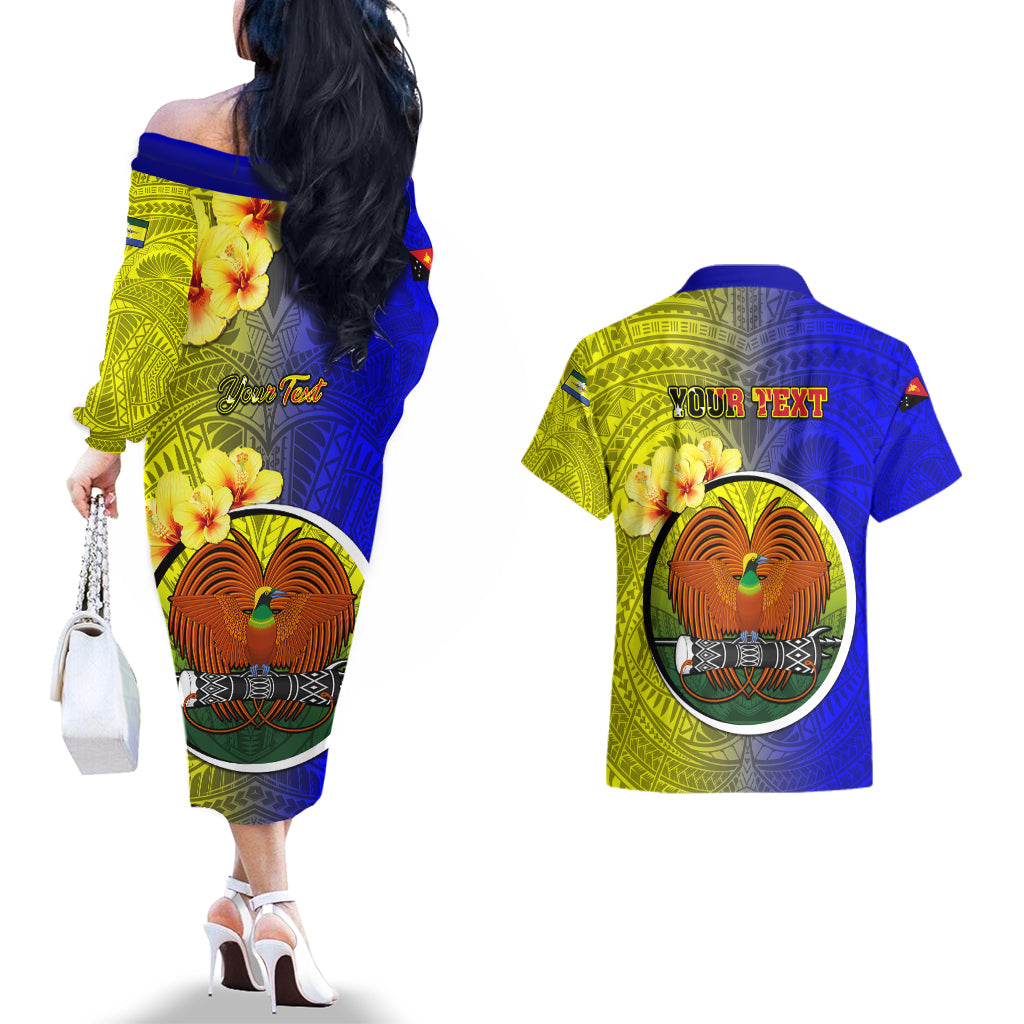 Personalized Papua New Guinea Morobe Province Couples Matching Off The Shoulder Long Sleeve Dress and Hawaiian Shirt Mix Coat Of Arms Polynesian Pattern LT05 - Polynesian Pride