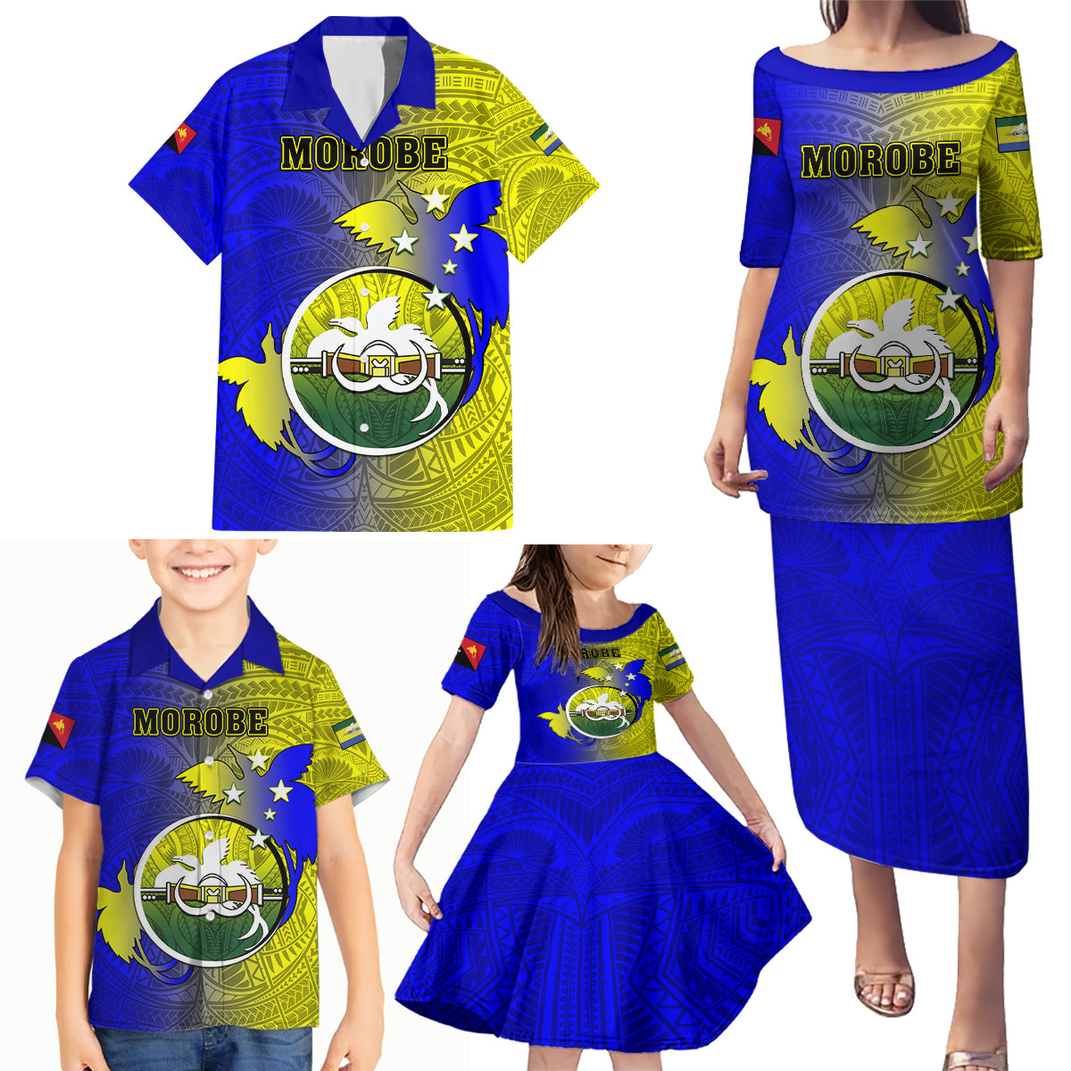 Personalized Papua New Guinea Morobe Province Family Matching Puletasi Dress and Hawaiian Shirt Mix Coat Of Arms Polynesian Pattern LT05 - Polynesian Pride