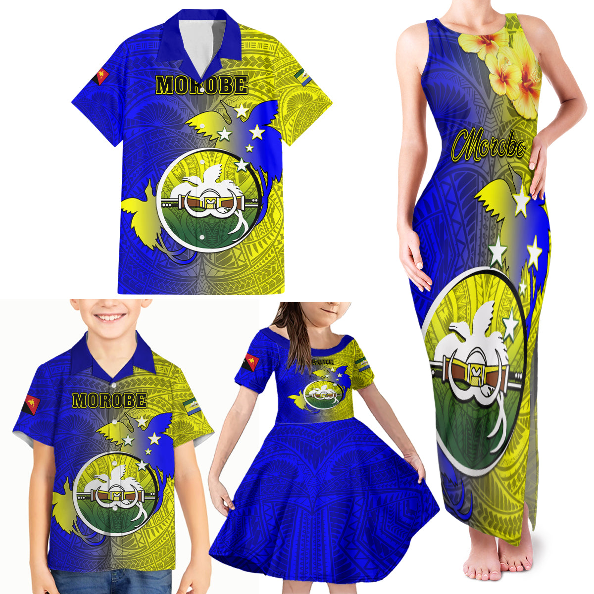 Personalized Papua New Guinea Morobe Province Family Matching Tank Maxi Dress and Hawaiian Shirt Mix Coat Of Arms Polynesian Pattern LT05 - Polynesian Pride