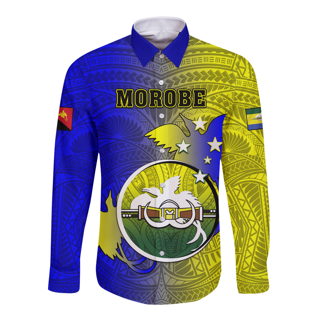 Personalized Papua New Guinea Morobe Province Long Sleeve Button Shirt Mix Coat Of Arms Polynesian Pattern LT05 Unisex Yellow - Polynesian Pride