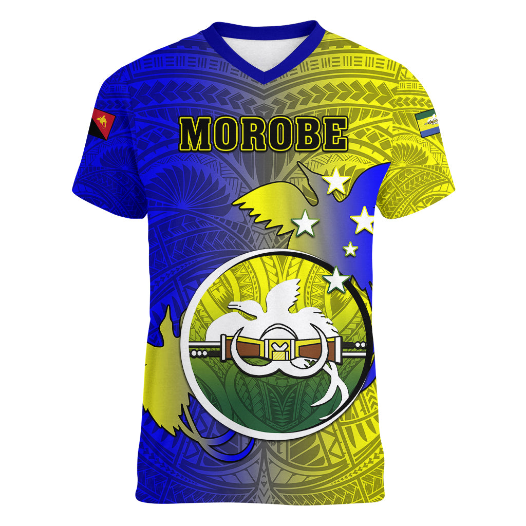Personalized Papua New Guinea Morobe Province Women V Neck T Shirt Mix Coat Of Arms Polynesian Pattern LT05 Female Yellow - Polynesian Pride