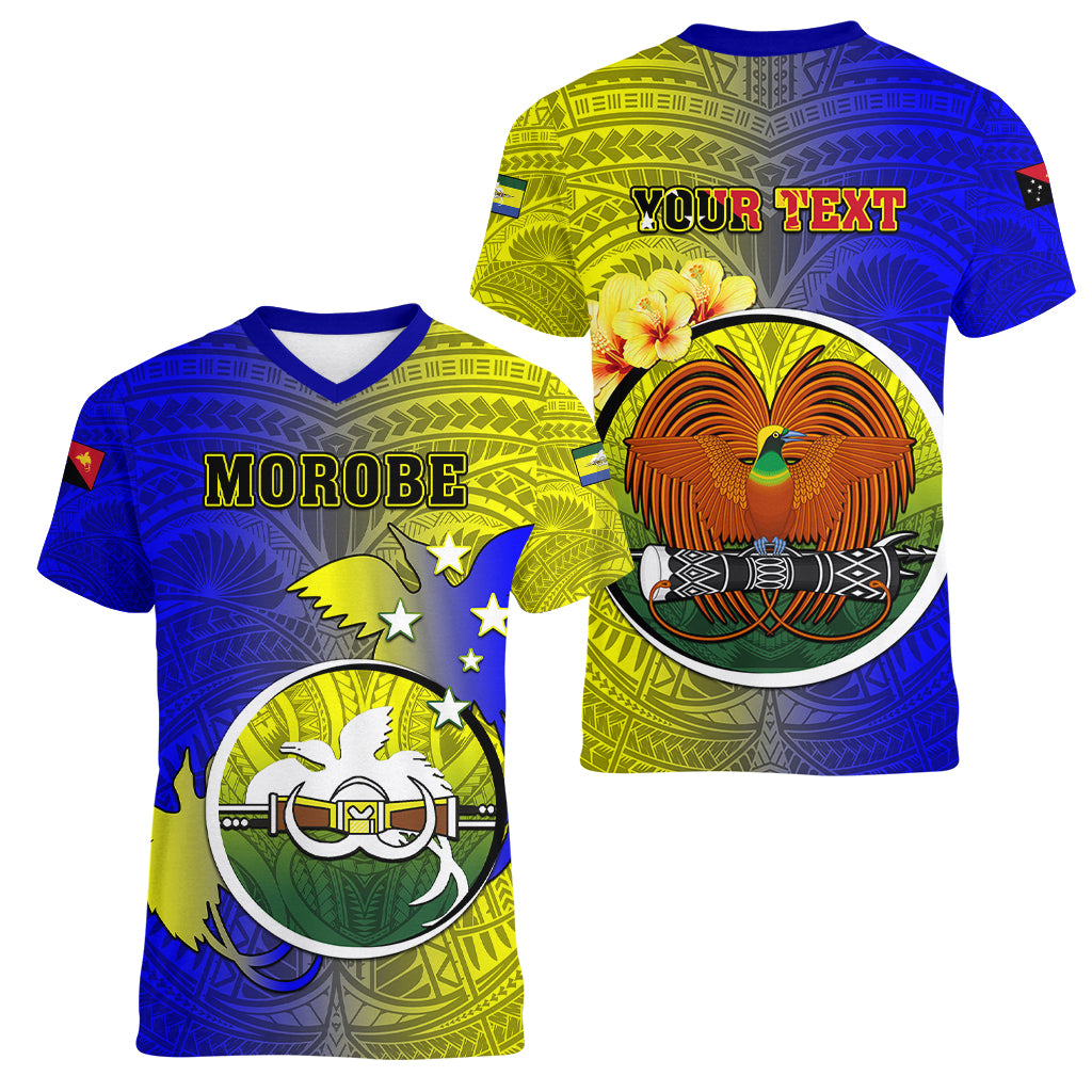 Personalized Papua New Guinea Morobe Province Women V Neck T Shirt Mix Coat Of Arms Polynesian Pattern LT05 - Polynesian Pride