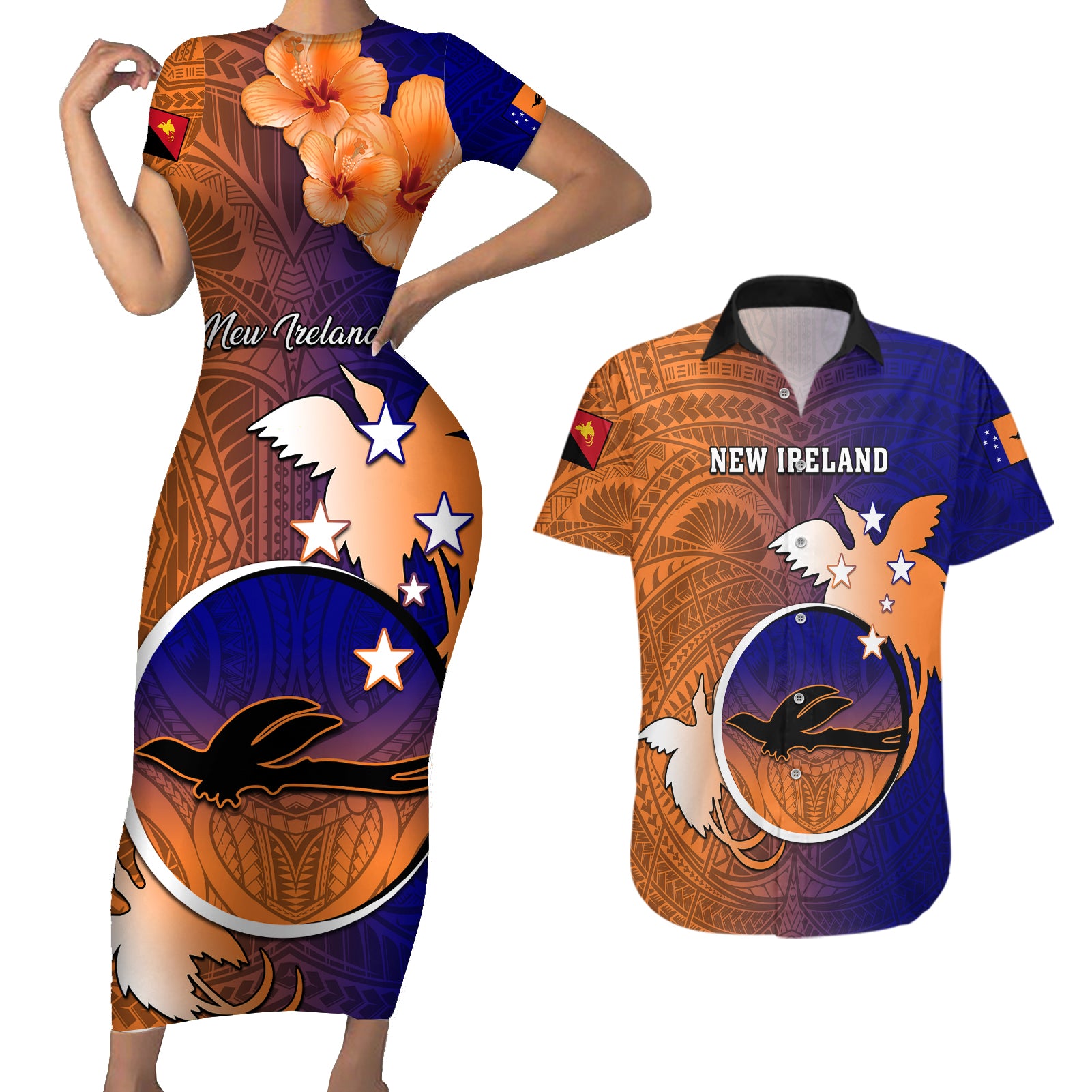 Papua New Guinea New Ireland Province Couples Matching Short Sleeve Bodycon Dress and Hawaiian Shirt Mix Coat Of Arms Polynesian Pattern LT05 Blue - Polynesian Pride