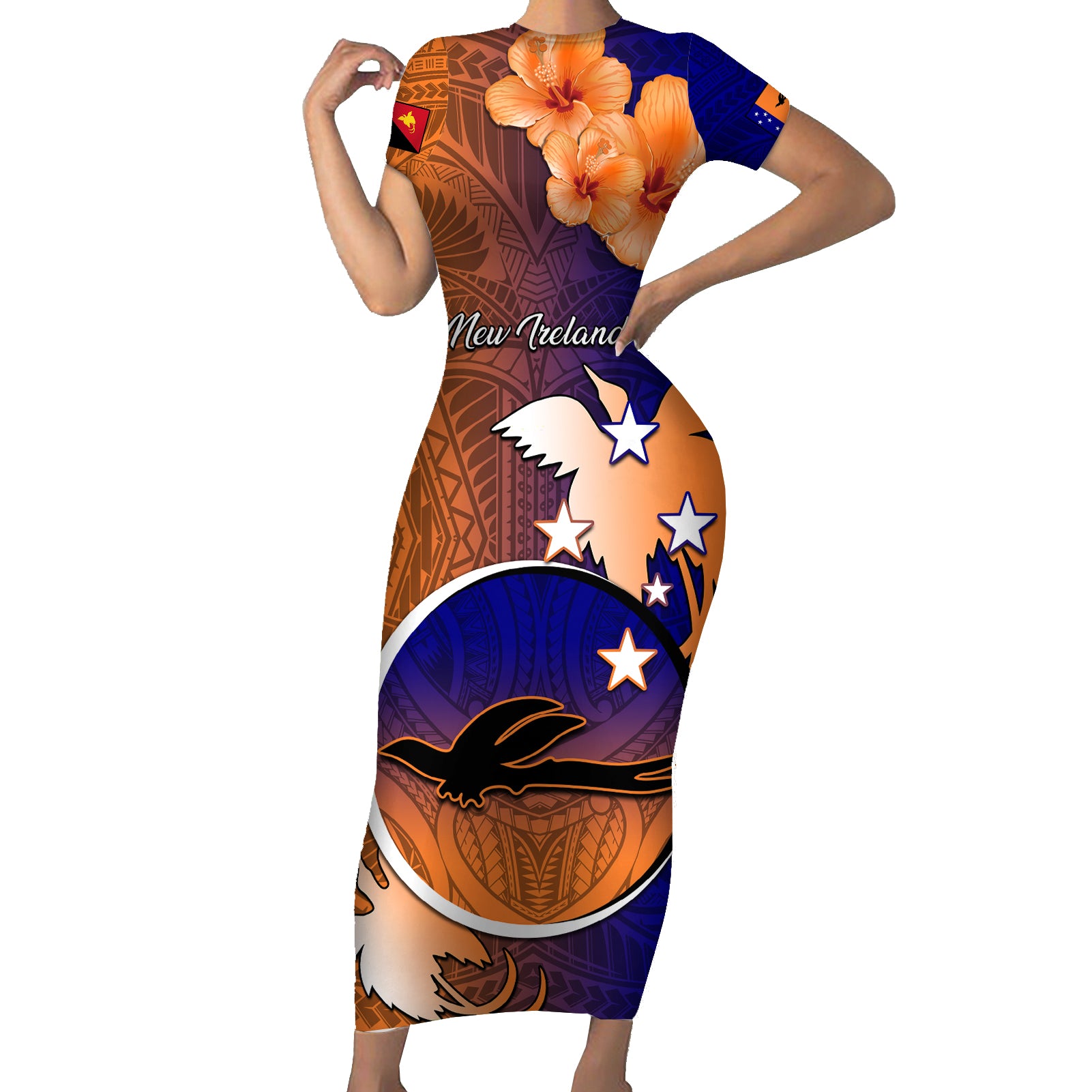 Papua New Guinea New Ireland Province Short Sleeve Bodycon Dress Mix Coat Of Arms Polynesian Pattern LT05 Long Dress Blue - Polynesian Pride