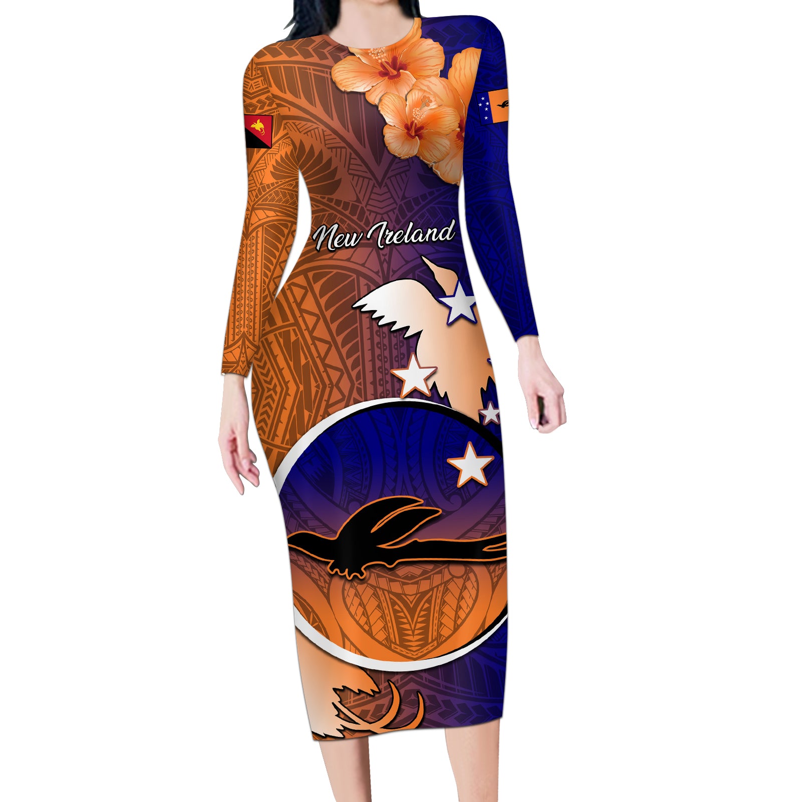 Personalized Papua New Guinea New Ireland Province Long Sleeve Bodycon Dress Mix Coat Of Arms Polynesian Pattern LT05 Long Dress Blue - Polynesian Pride