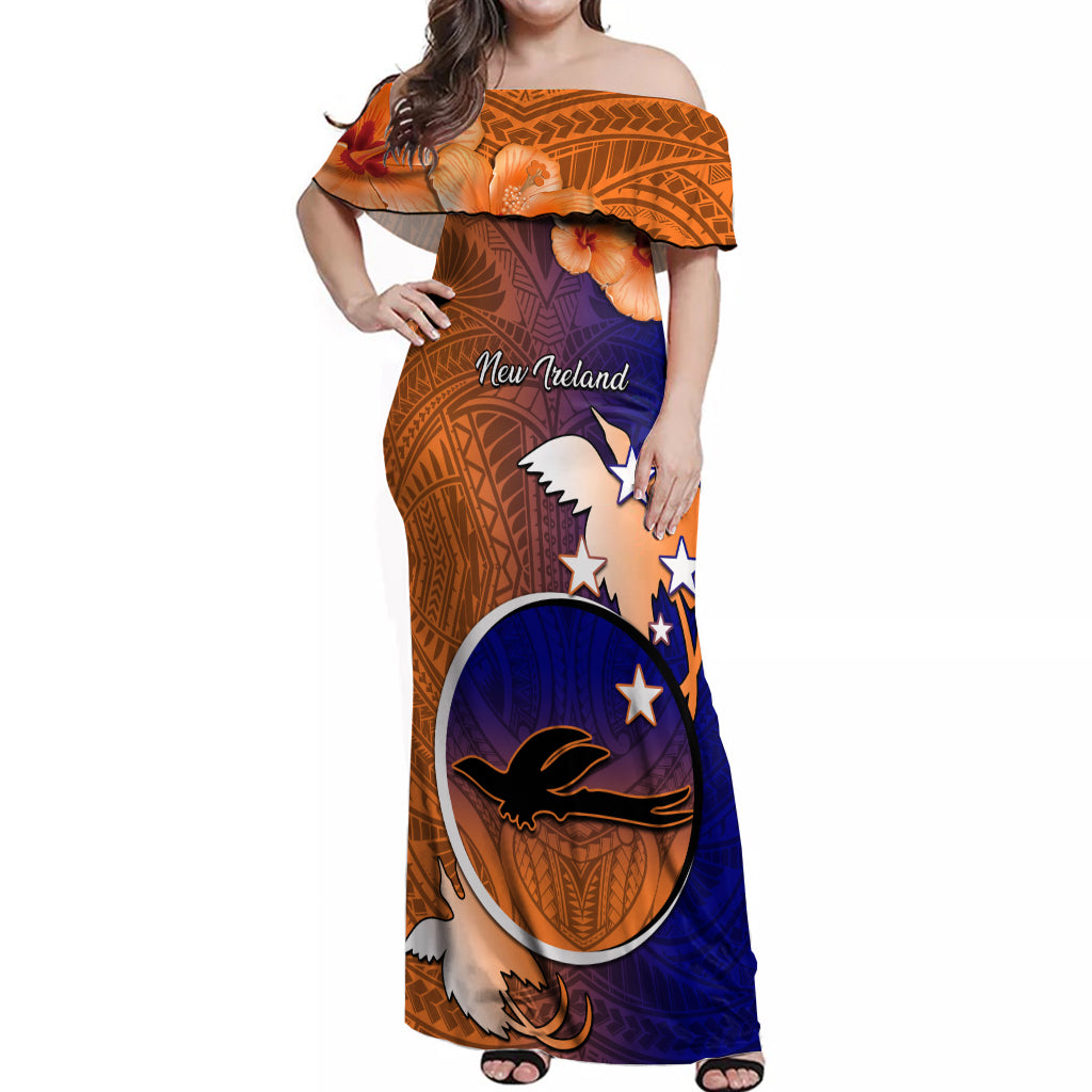 Personalized Papua New Guinea New Ireland Province Off Shoulder Maxi Dress Mix Coat Of Arms Polynesian Pattern LT05 Women Blue - Polynesian Pride