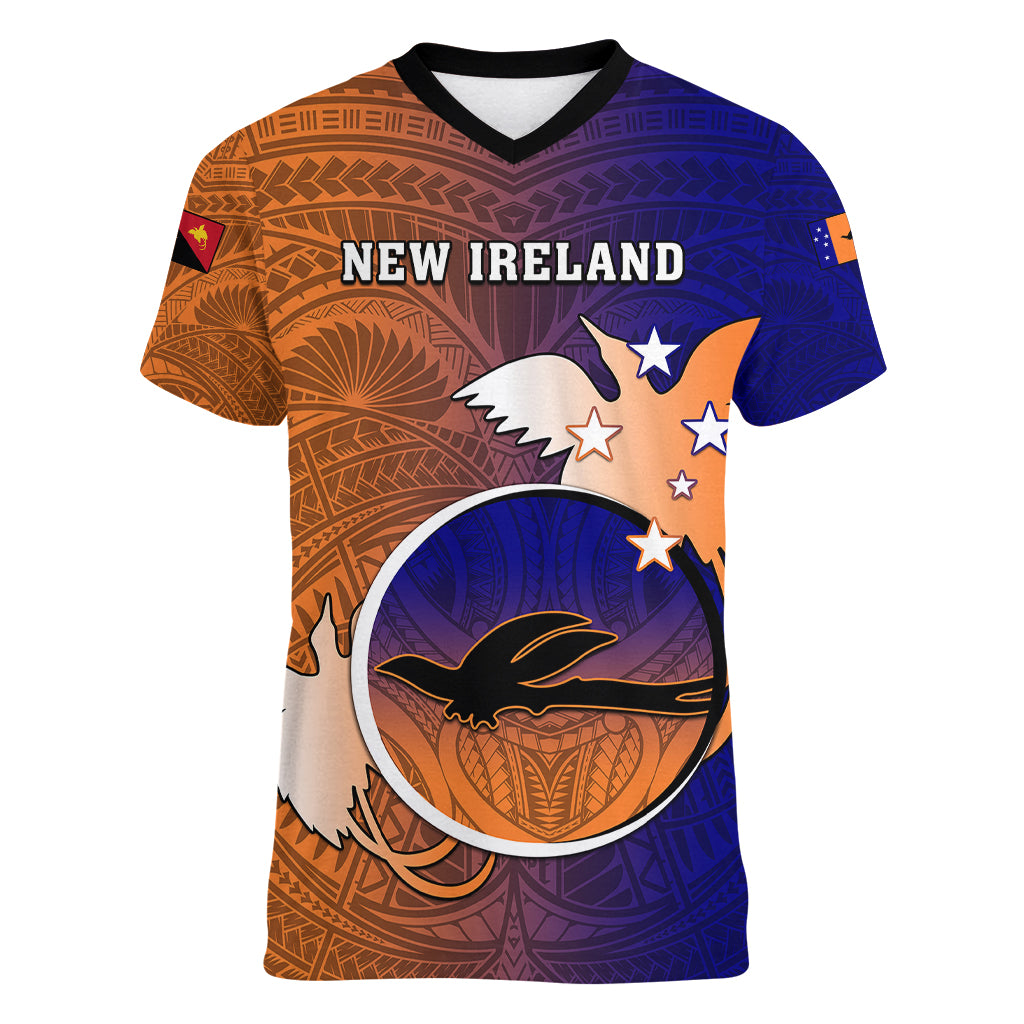 Personalized Papua New Guinea New Ireland Province Women V Neck T Shirt Mix Coat Of Arms Polynesian Pattern LT05 Female Blue - Polynesian Pride