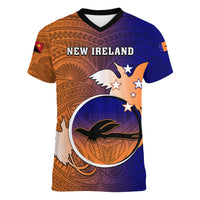 Personalized Papua New Guinea New Ireland Province Women V Neck T Shirt Mix Coat Of Arms Polynesian Pattern LT05 Female Blue - Polynesian Pride