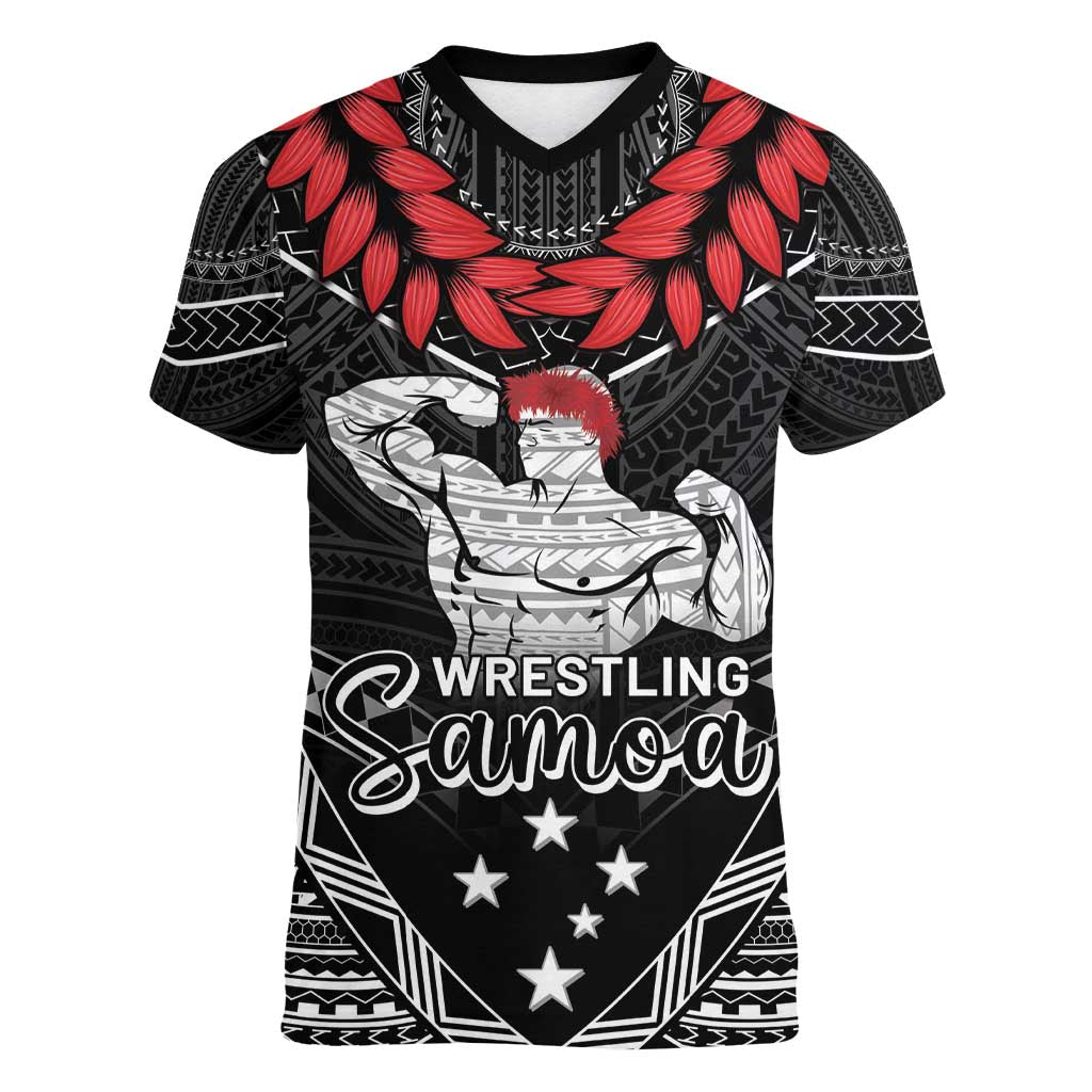 Custom Samoa Wrestling Women V-Neck T-Shirt Samoan Wrestler Ulafala Style