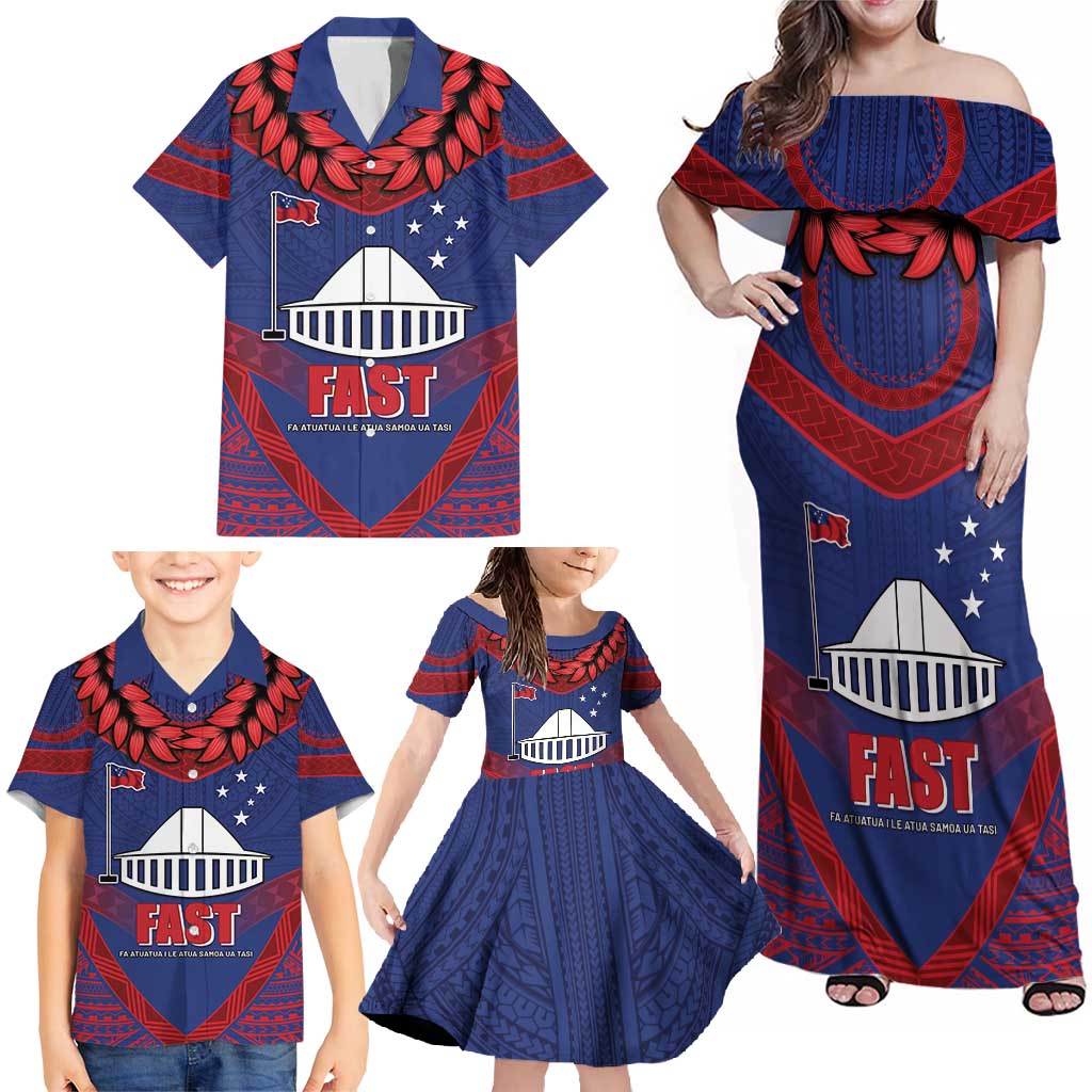 Personalised FAST Party Samoa Family Matching Off Shoulder Maxi Dress and Hawaiian Shirt Samoan Coat Of Arms Ulafala Style