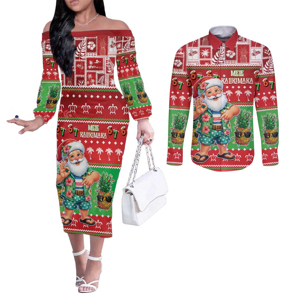 Mele Kalikimaka Hawaii Christmas Couples Matching Off The Shoulder Long Sleeve Dress and Long Sleeve Button Shirt Funny Santa 67 Gen Alpha Slang - Polynesian Pride