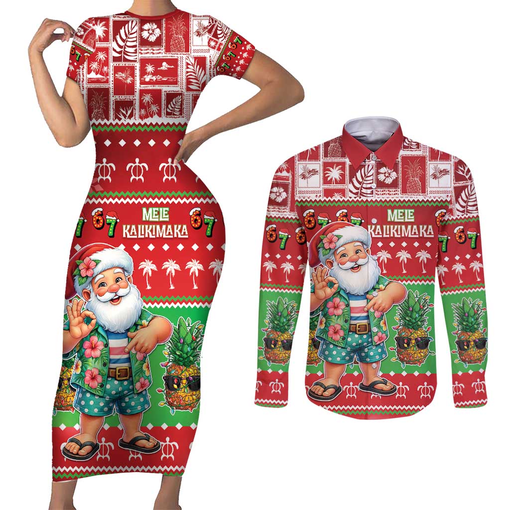 Mele Kalikimaka Hawaii Christmas Couples Matching Short Sleeve Bodycon Dress and Long Sleeve Button Shirt Funny Santa 67 Gen Alpha Slang - Polynesian Pride