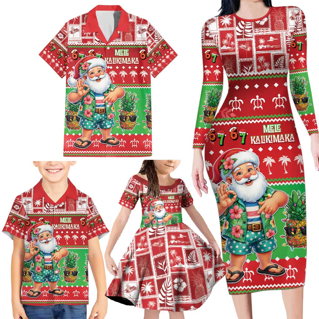 Mele Kalikimaka Hawaii Christmas Family Matching Long Sleeve Bodycon Dress and Hawaiian Shirt Funny Santa 67 Gen Alpha Slang - Polynesian Pride