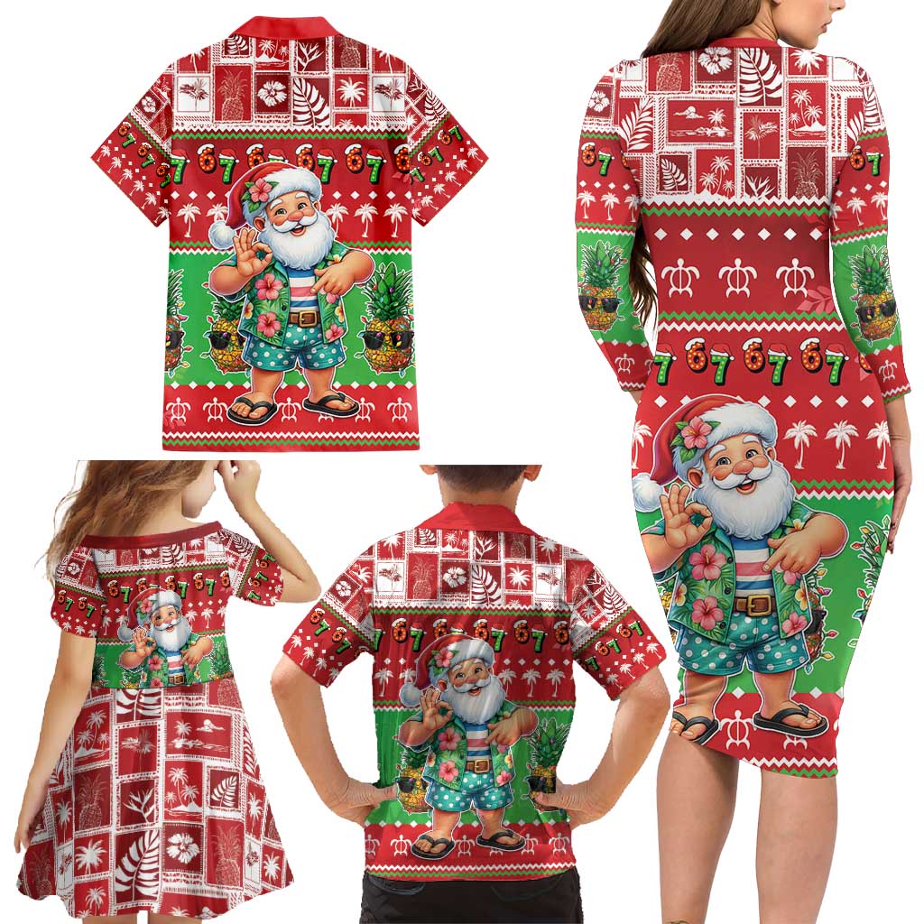 Mele Kalikimaka Hawaii Christmas Family Matching Long Sleeve Bodycon Dress and Hawaiian Shirt Funny Santa 67 Gen Alpha Slang - Polynesian Pride
