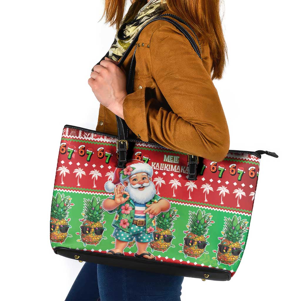 Mele Kalikimaka Hawaii Christmas Leather Tote Bag Funny Santa 67 Gen Alpha Slang LT05 Red - Polynesian Pride