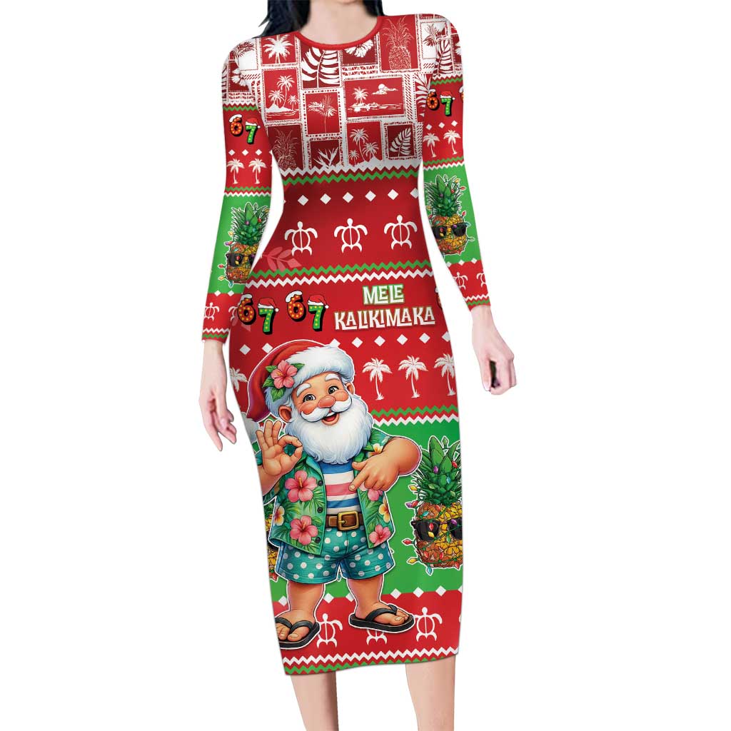 Mele Kalikimaka Hawaii Christmas Long Sleeve Bodycon Dress Funny Santa 67 Gen Alpha Slang - Polynesian Pride