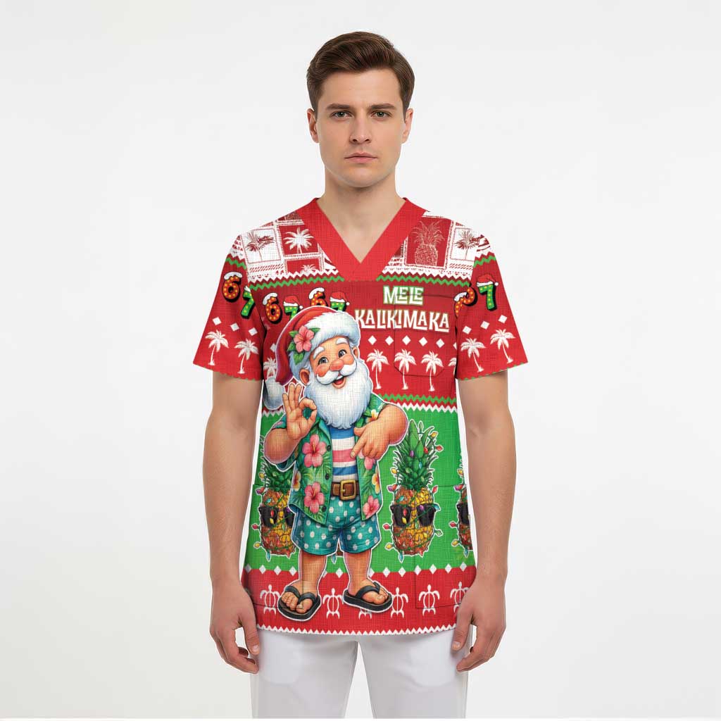 Mele Kalikimaka Hawaii Christmas Scrub Top Funny Santa 67 Gen Alpha Slang - Polynesian Pride