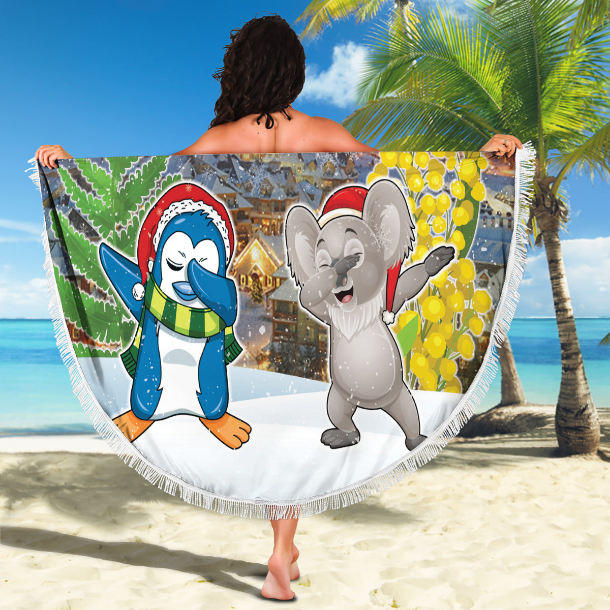 Christmas In July Beach Blanket Funny Dabbing Dance Koala And Blue Penguins LT05 - Polynesian Pride