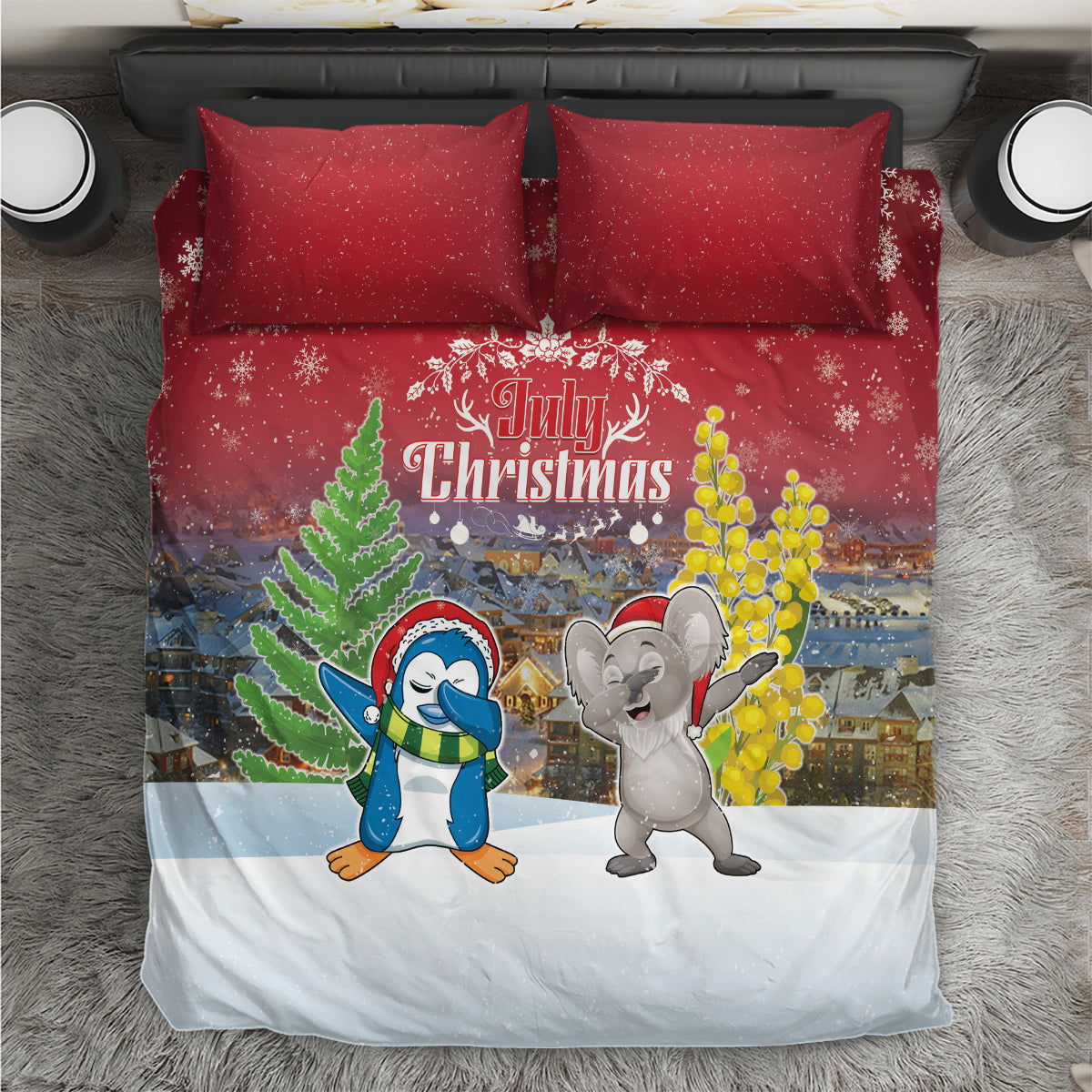 Christmas In July Bedding Set Funny Dabbing Dance Koala And Blue Penguins LT05 Red - Polynesian Pride
