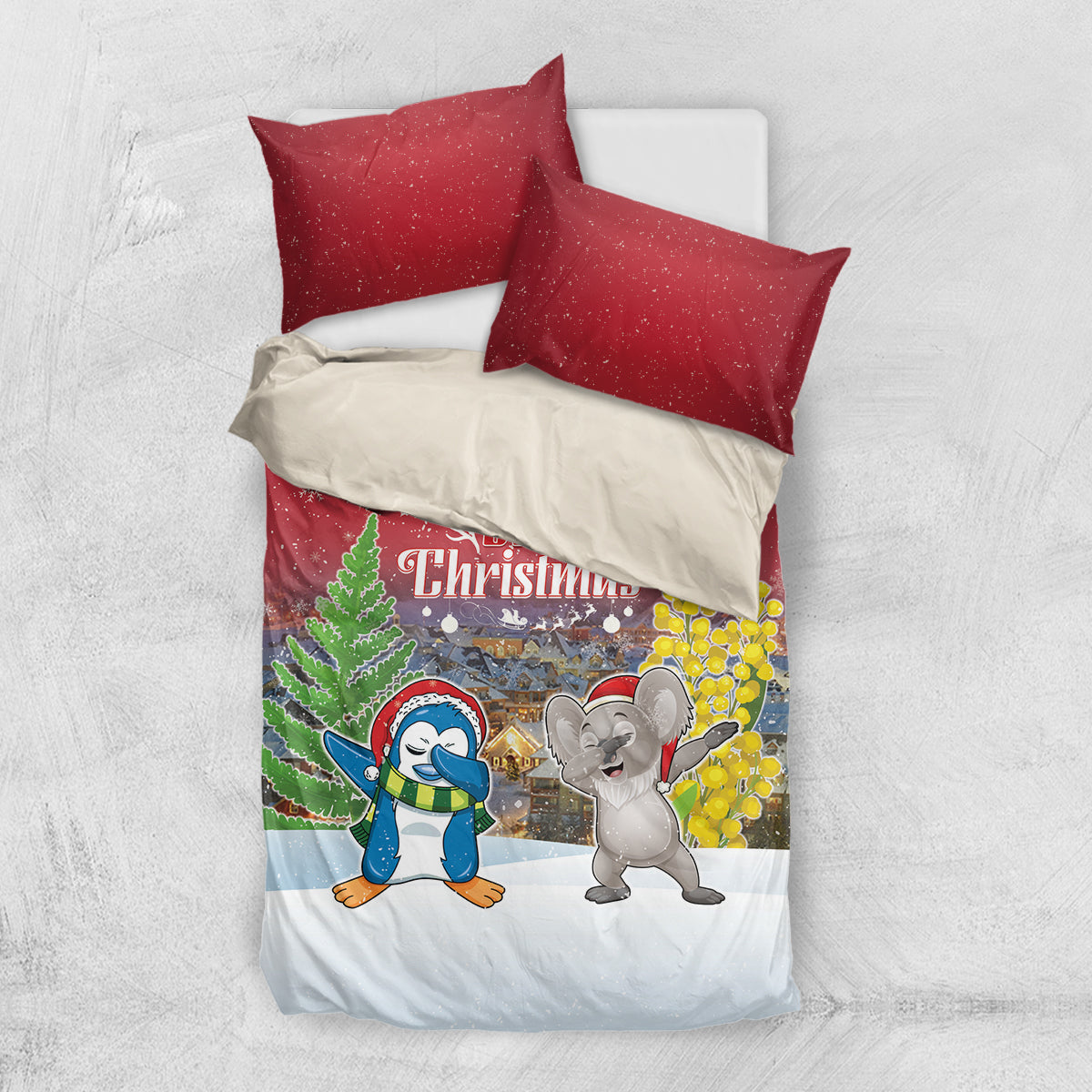 Christmas In July Bedding Set Funny Dabbing Dance Koala And Blue Penguins LT05 US Twin 172cm x 218cm Red - Polynesian Pride