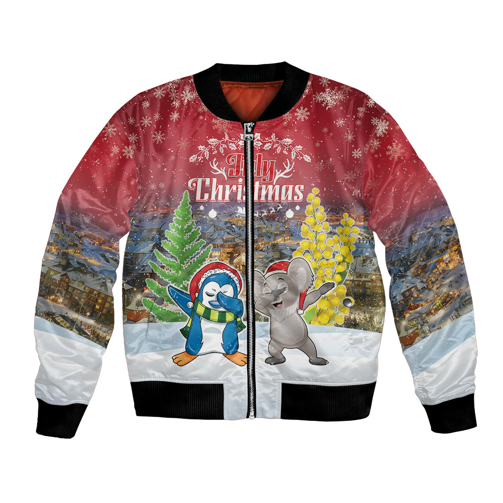 Personalised Christmas In July Bomber Jacket Funny Dabbing Dance Koala And Blue Penguins LT05 Unisex Red - Polynesian Pride