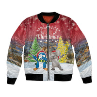 Personalised Christmas In July Bomber Jacket Funny Dabbing Dance Koala And Blue Penguins LT05 Unisex Red - Polynesian Pride