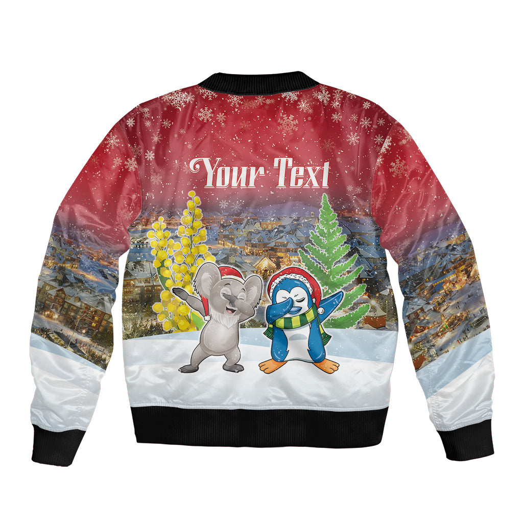 Personalised Christmas In July Bomber Jacket Funny Dabbing Dance Koala And Blue Penguins LT05 - Polynesian Pride