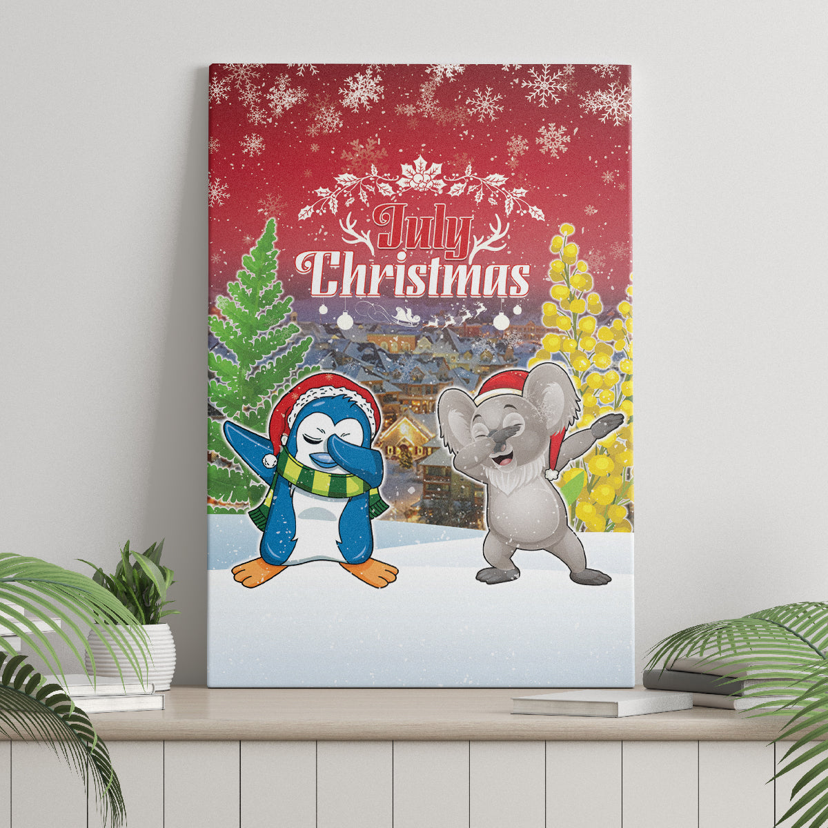 Christmas In July Canvas Wall Art Funny Dabbing Dance Koala And Blue Penguins LT05 - Polynesian Pride