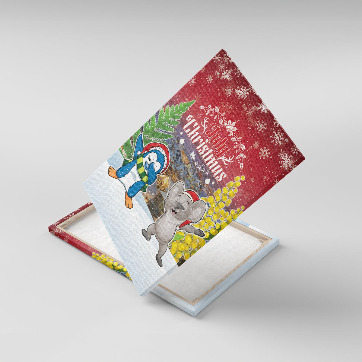 Christmas In July Canvas Wall Art Funny Dabbing Dance Koala And Blue Penguins LT05 With Frame Red - Polynesian Pride