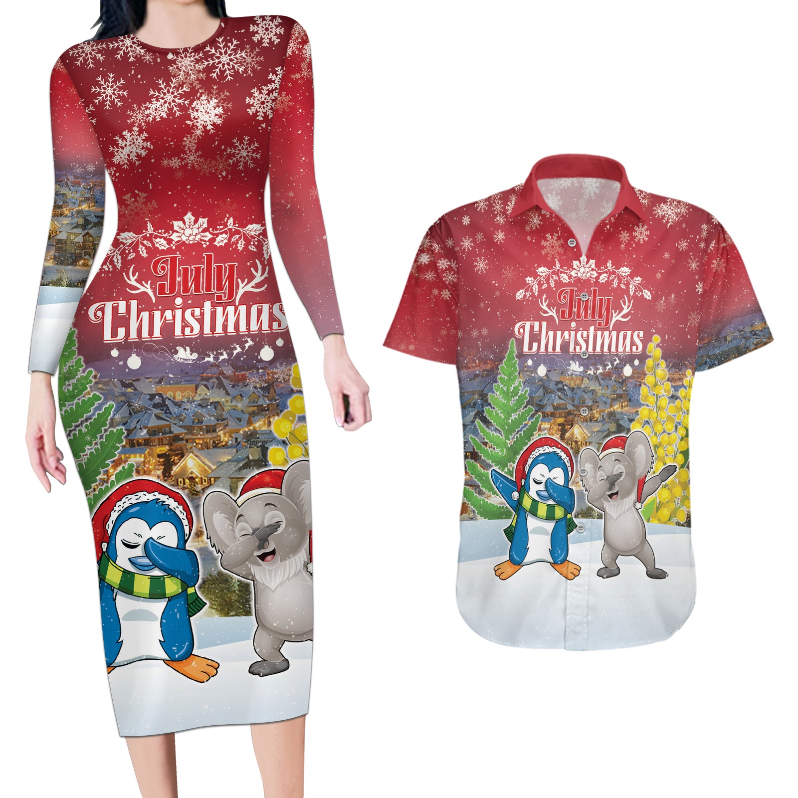 Personalised Christmas In July Couples Matching Long Sleeve Bodycon Dress and Hawaiian Shirt Funny Dabbing Dance Koala And Blue Penguins LT05 Red - Polynesian Pride