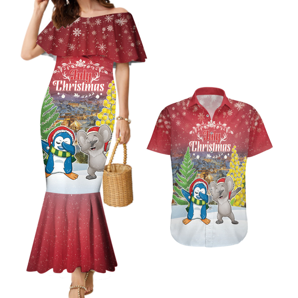 Personalised Christmas In July Couples Matching Mermaid Dress and Hawaiian Shirt Funny Dabbing Dance Koala And Blue Penguins