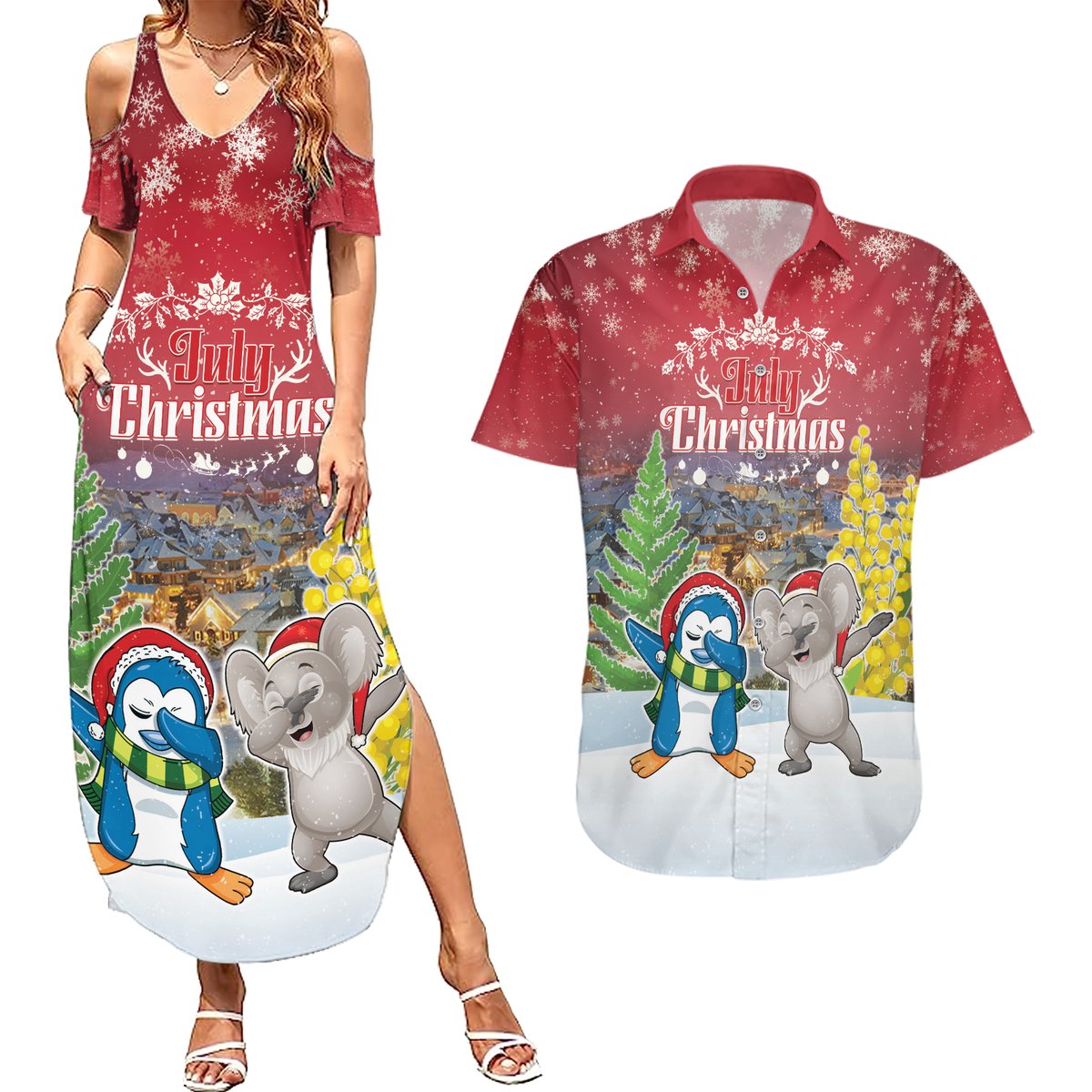 Personalised Christmas In July Couples Matching Summer Maxi Dress and Hawaiian Shirt Funny Dabbing Dance Koala And Blue Penguins LT05 Red - Polynesian Pride