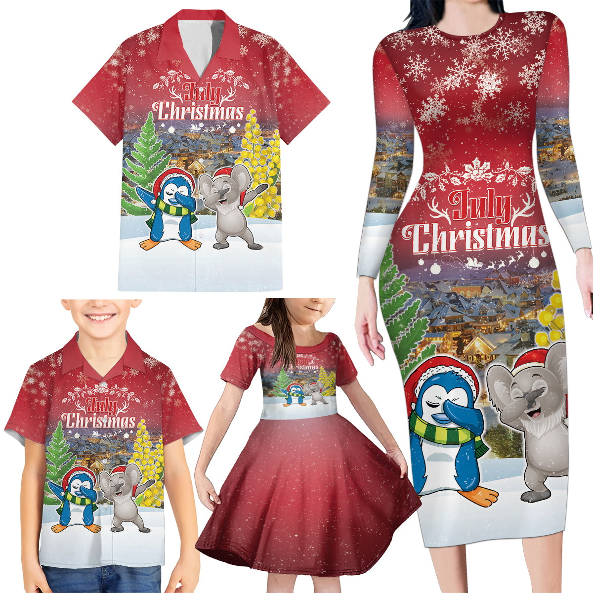 Personalised Christmas In July Family Matching Long Sleeve Bodycon Dress and Hawaiian Shirt Funny Dabbing Dance Koala And Blue Penguins