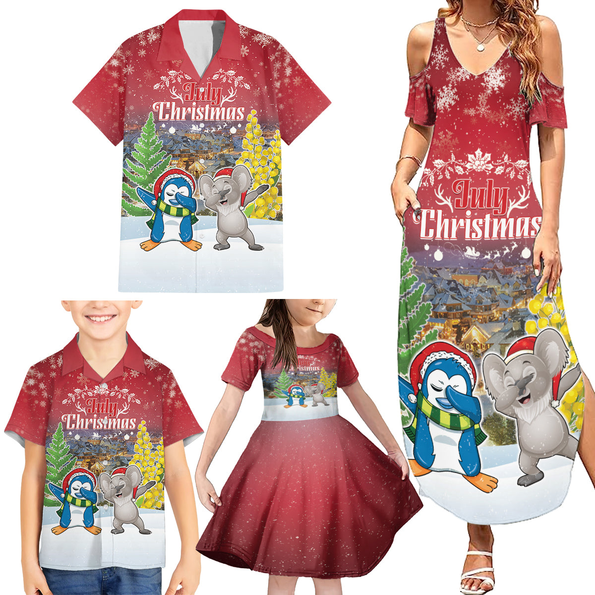 Personalised Christmas In July Family Matching Summer Maxi Dress and Hawaiian Shirt Funny Dabbing Dance Koala And Blue Penguins