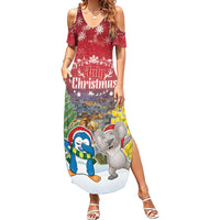 Personalised Christmas In July Family Matching Summer Maxi Dress and Hawaiian Shirt Funny Dabbing Dance Koala And Blue Penguins